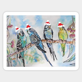 Christmas Budgies Budgerigars Sitting on A Branch Watercolor Painting Sticker